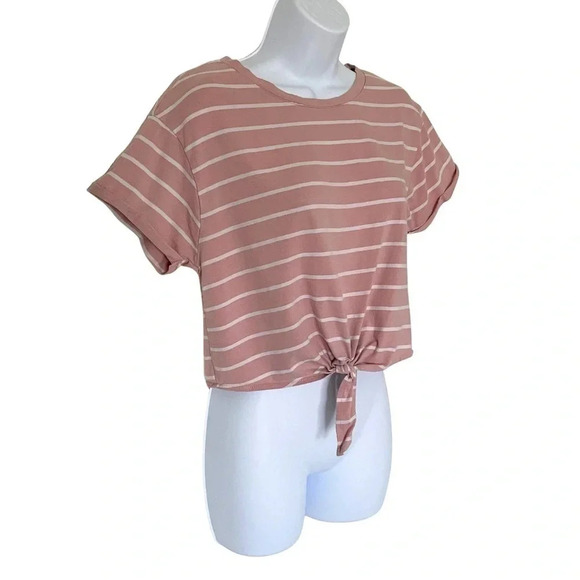Tie-Up Crop Top Tee - Crew Neck- Pink and White Striped - Women's Size Medium - Picture 4 of 8